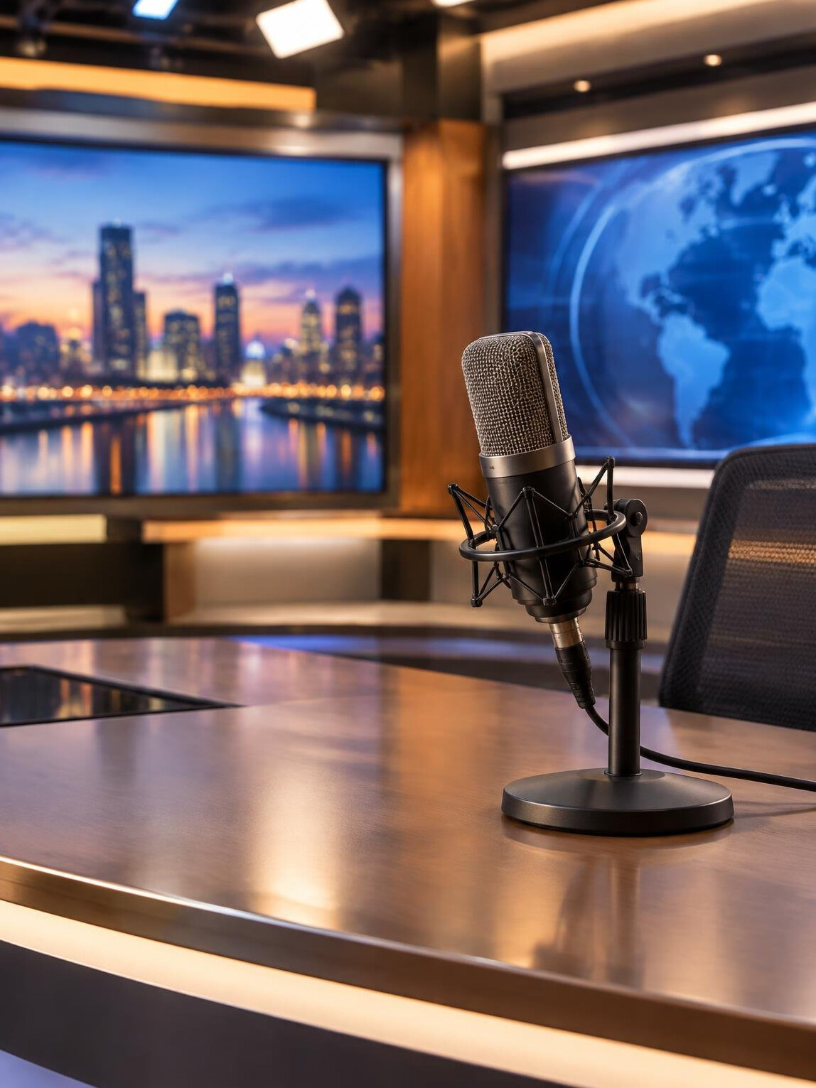 Empty radio and television studio with a professional microphone and warm lighting